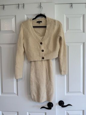 Lulu's Cream Fuzzy Knit Cardigan & Dress Set